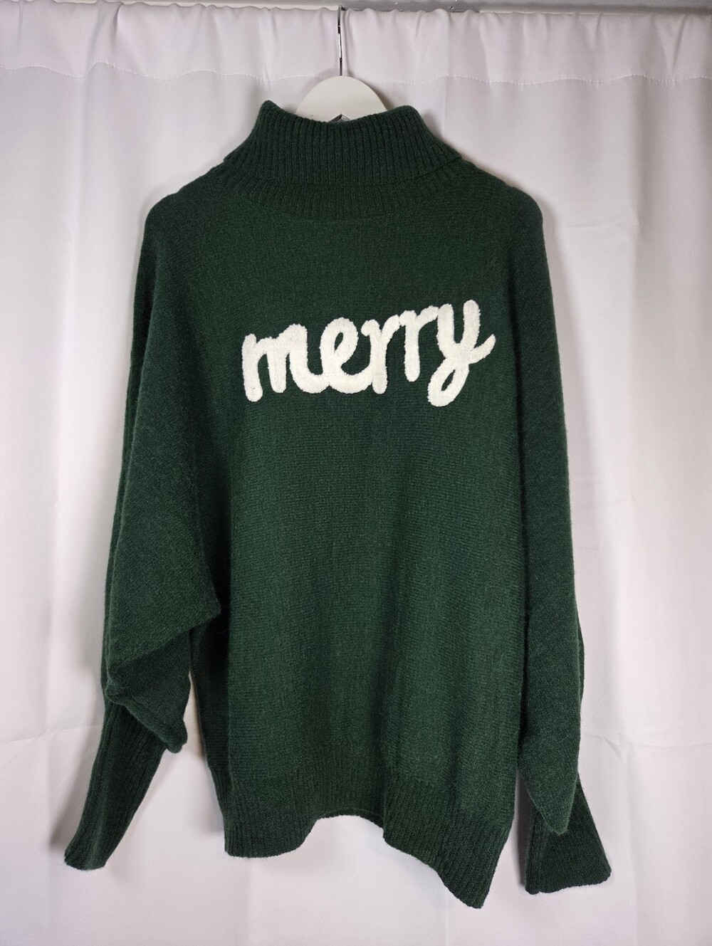 Merry Green Christmas Sweater Women's L Balloon Sleeve Turtleneck